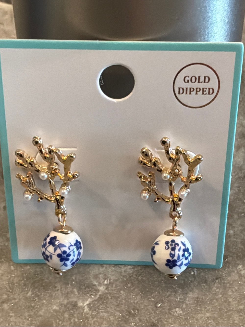 Gold-Dipped Coral drop Earrings with Blue Floral Porcelain Beads